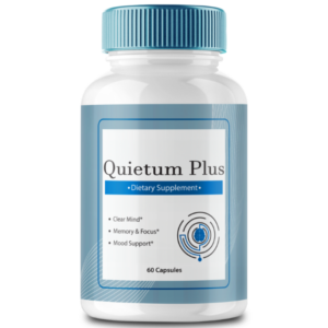 Quietum Plus dietary supplement bottle with 60 capsules designed to support overall wellness, focus, and relaxation