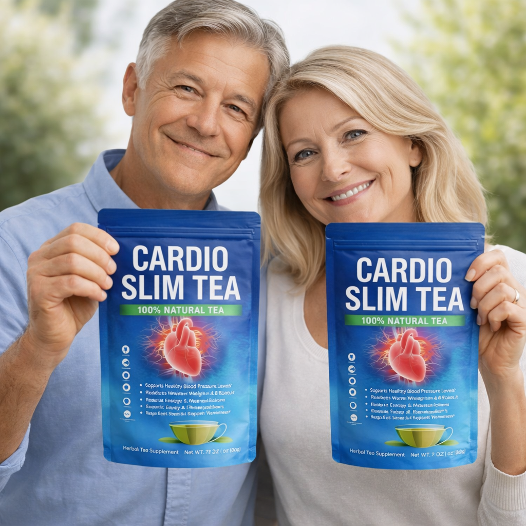 Middle aged couple holding Cardio Slim Tea package showing real customer experience and lifestyle routine