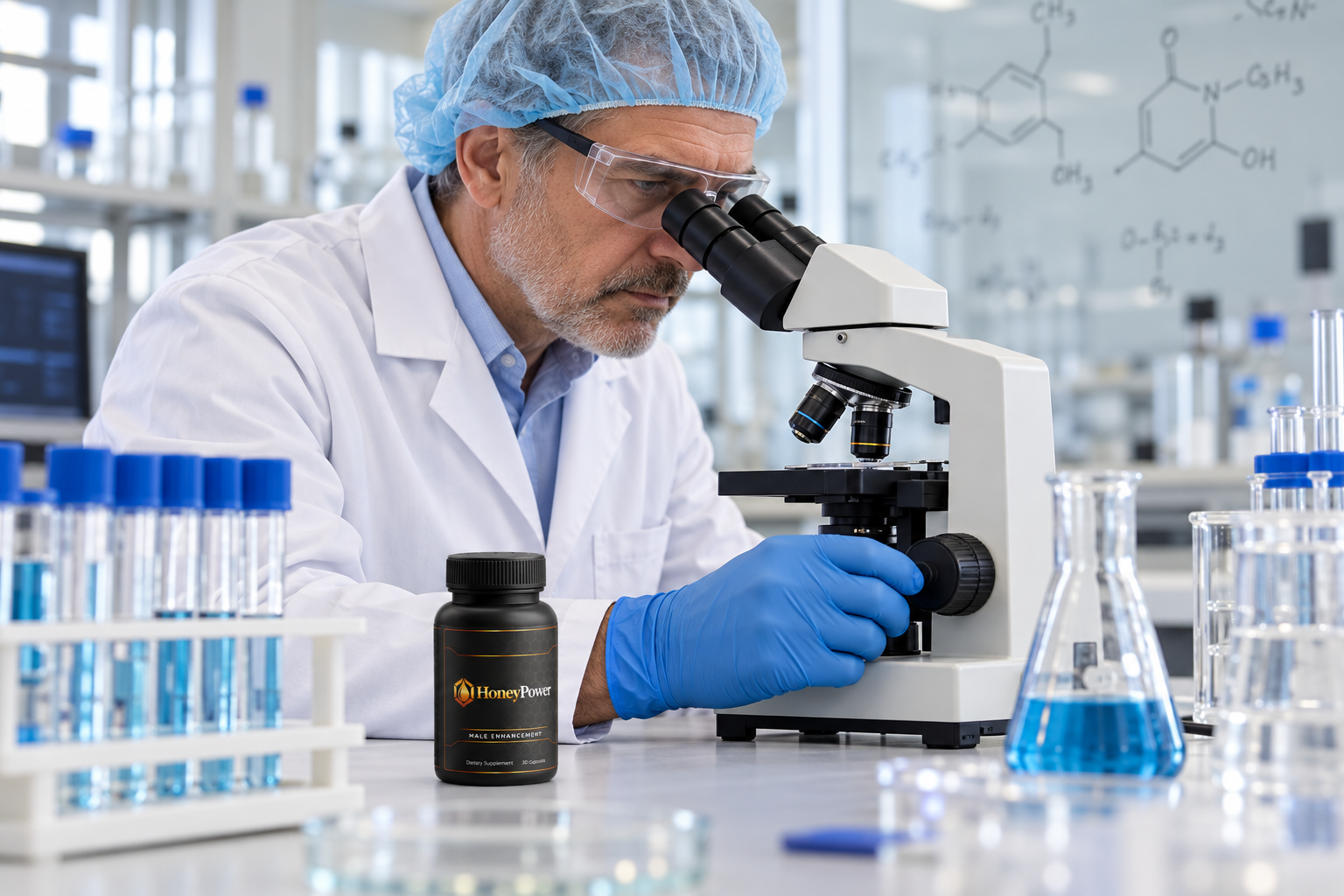 Scientist examining a sample next to a HoneyPower bottle